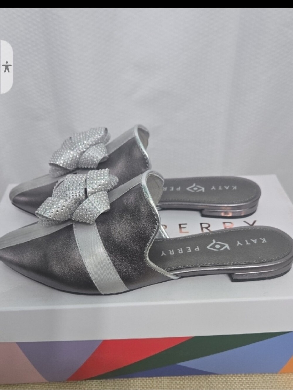 Katy Perry Collections Metallic Pewter Slip-On Mules with Bow Accent